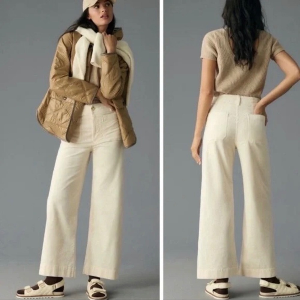 Maeve Colette Wide-Leg Cotton Pants in Cream